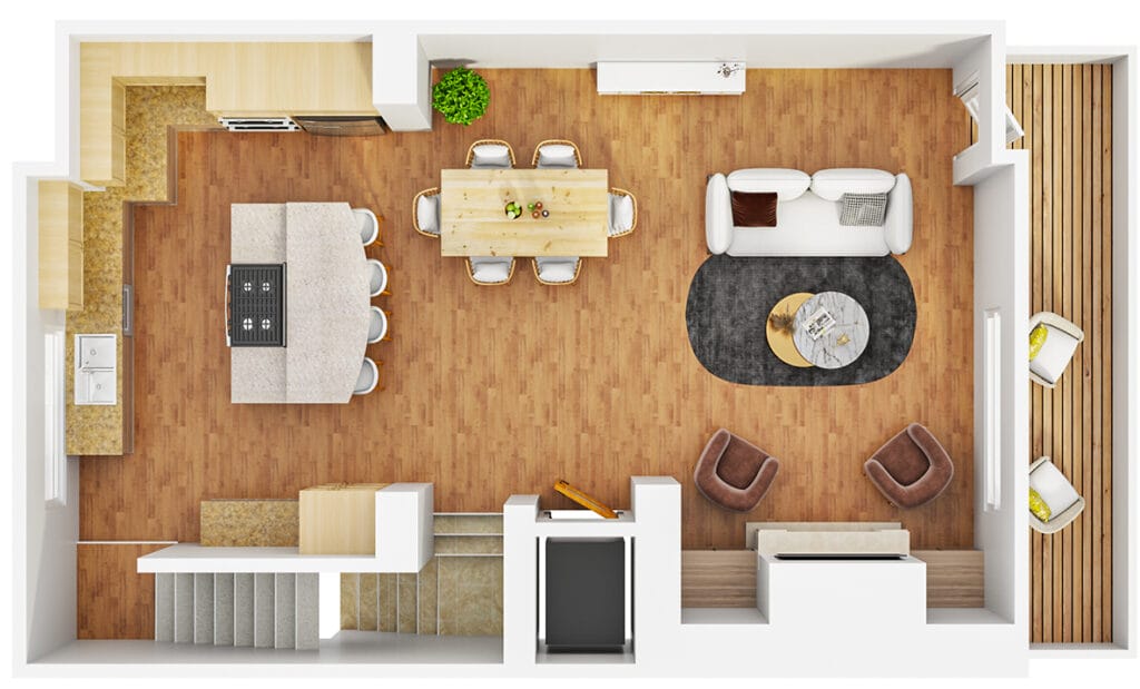 A top-down view of an open-concept living and dining area with light wood flooring. The living space has a white couch, brown chairs, and a black rug. The dining area features a wooden table and six chairs. A kitchen with an island and bar stools is on the left side.