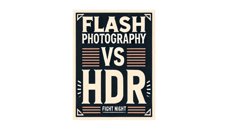 A retro-styled poster with a dark background and light-colored text. The headline reads, "Flash Photography vs HDR" in large, bold letters. Below that, smaller text says, "Fight Night." The design features decorative lines and corner accents.