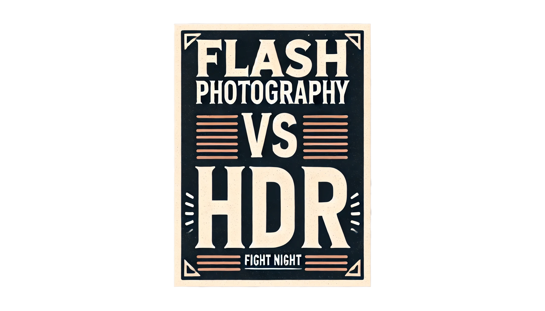 A retro-styled poster with a dark background and light-colored text. The headline reads, "Flash Photography vs HDR" in large, bold letters. Below that, smaller text says, "Fight Night." The design features decorative lines and corner accents.