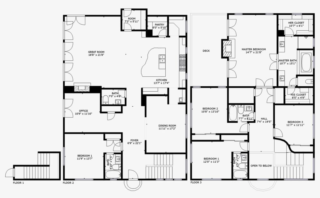 A black and white floor plan of a two-story house. The first floor includes a garage, office, dining room, kitchen, pantry, great room, guest room, and front foyer. The second floor features a master bedroom with an ensuite bath, three additional bedrooms, and a deck.