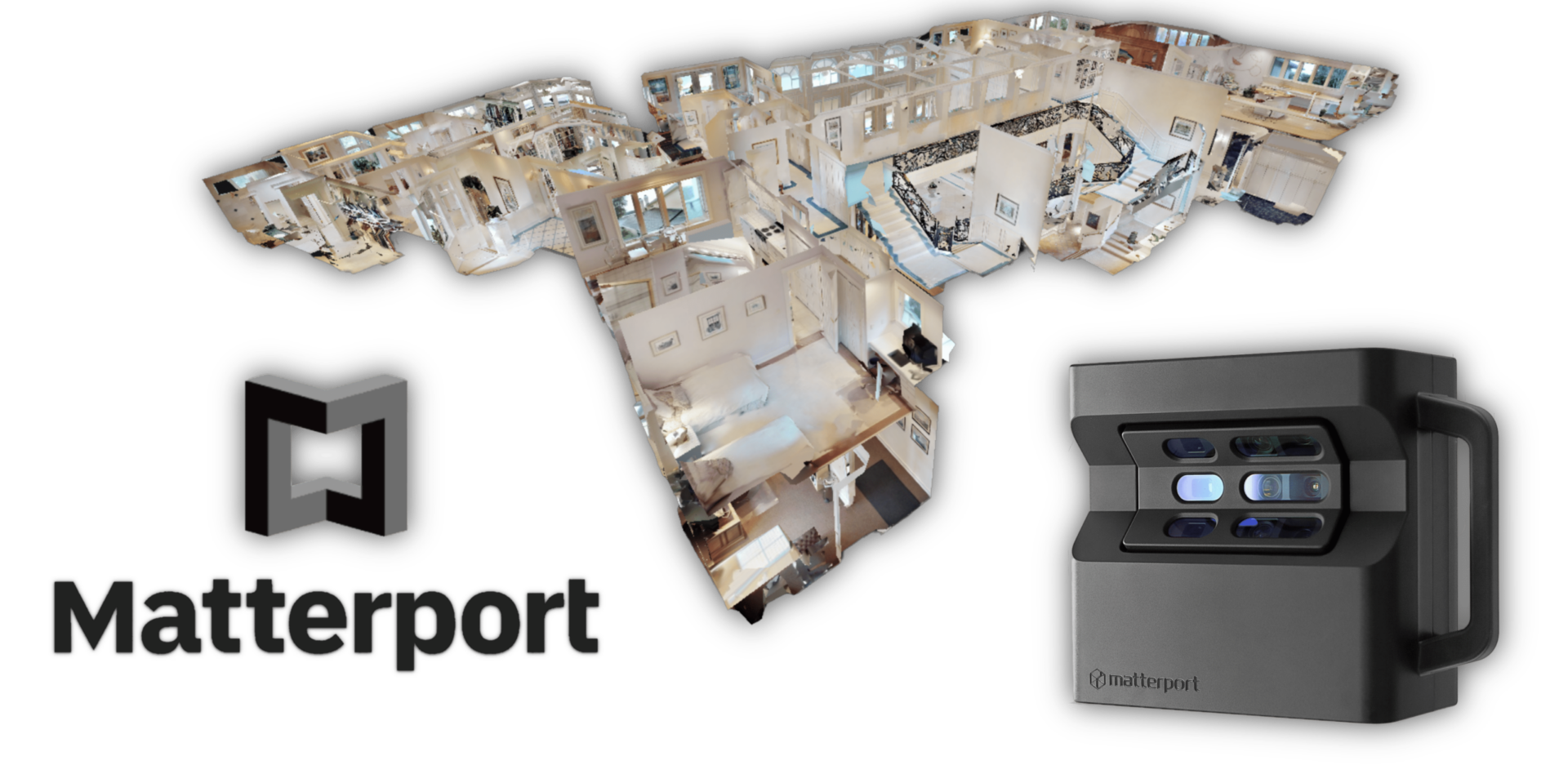 A 3D digital replica of a building's interior layout is shown, featuring multiple rooms and corridors. The Matterport logo and a Matterport Pro2 3D camera are displayed beside it. The logo consists of a stylized “M” inside a box.