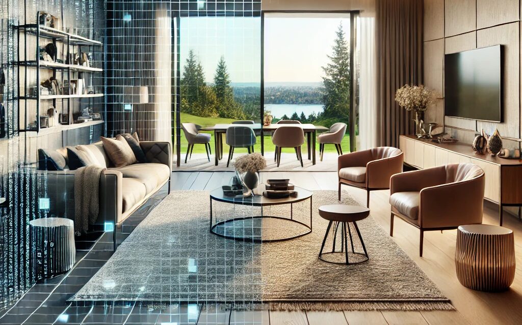 A modern living room seamlessly transitions between digital and physical realms. The digital half features a pixelated design with virtual elements, perfect for virtual staging for Bellevue luxury real estate, while the physical half showcases cozy furniture, a lush rug, and a window revealing a serene outdoor landscape with trees and a lake.