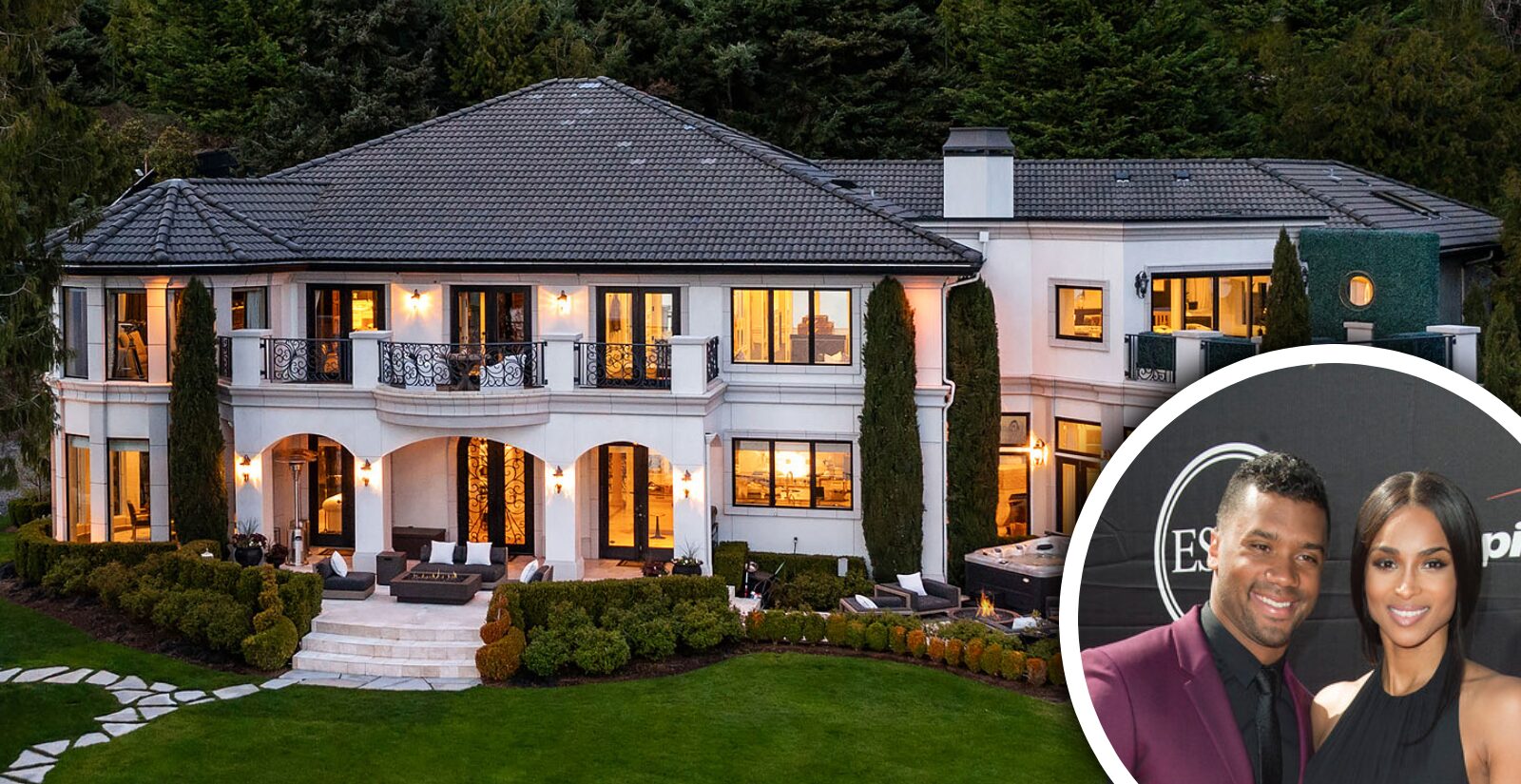 A luxurious, large two-story house with a tile roof, surrounded by trees and landscaped gardens. The house features numerous windows and balconies. There is an inset circle at the bottom right with a man in a suit and a woman in a burgundy dress smiling.