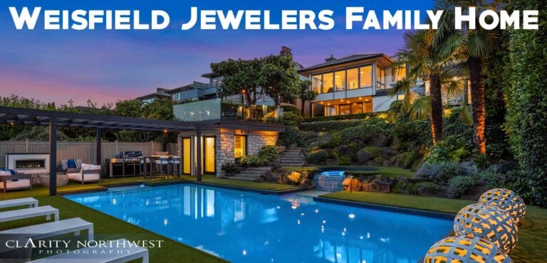 Stunning exterior view of a modern family home in the Pacific Northwest, featuring a luxurious pool, landscaped garden, and outdoor seating area, illuminated at twilight.